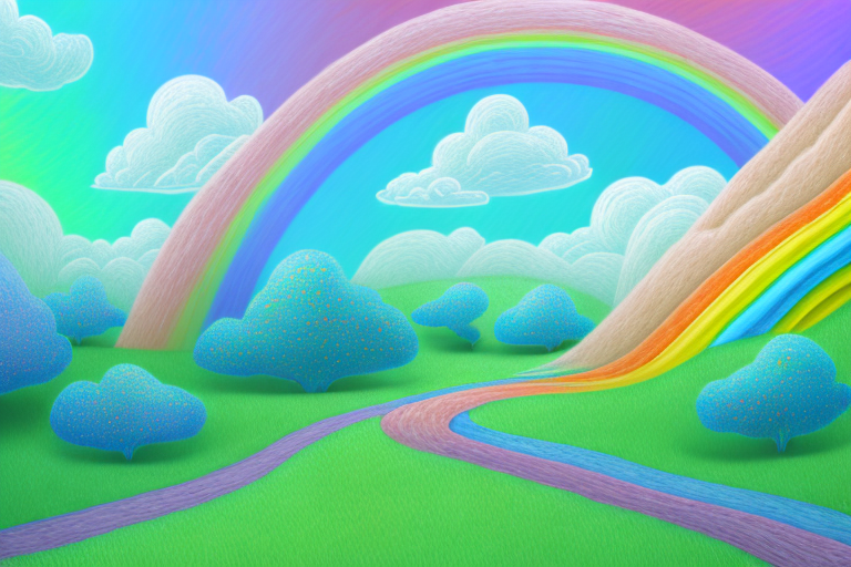 A rainbow-colored landscape with a path leading up to a dreamy horizon