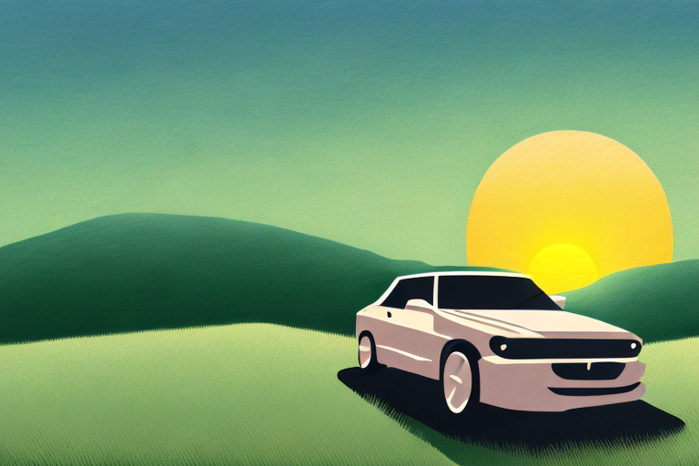 A car driving through a landscape of rolling hills and a setting sun