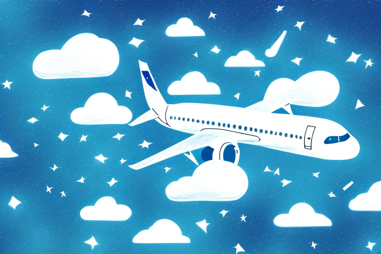A plane flying through a dream-like sky with clouds and stars