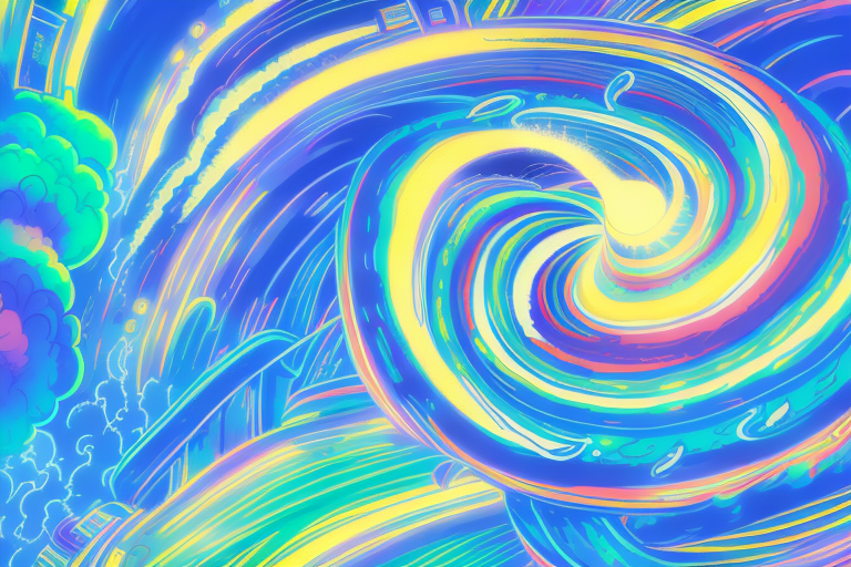 A tornado in a dream-like setting with swirling clouds and bright colors