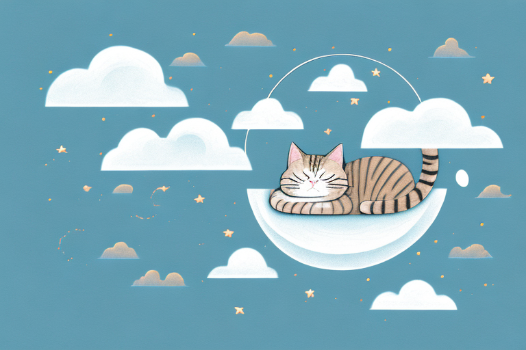 A sleeping cat surrounded by dreamy clouds