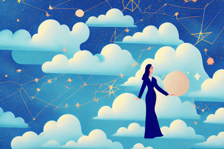 A dreamscape featuring a woman surrounded by clouds and stars