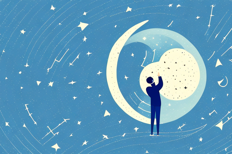 A person looking up at a night sky filled with stars and a crescent moon