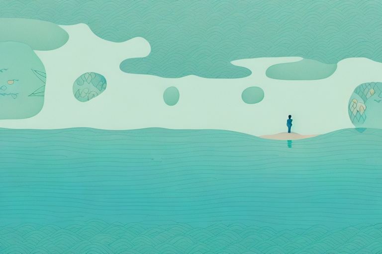 A person dreaming of being in a body of water surrounded by a peaceful landscape