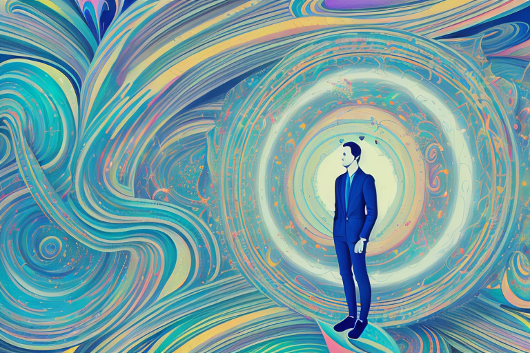 A person standing in a surreal dreamscape