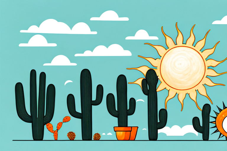 A desert landscape with a cactus and a sun in the sky