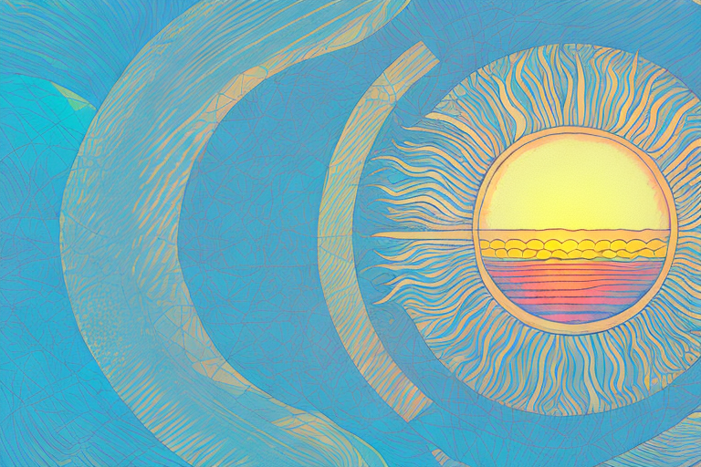 A dreamscape with a sun setting in the background
