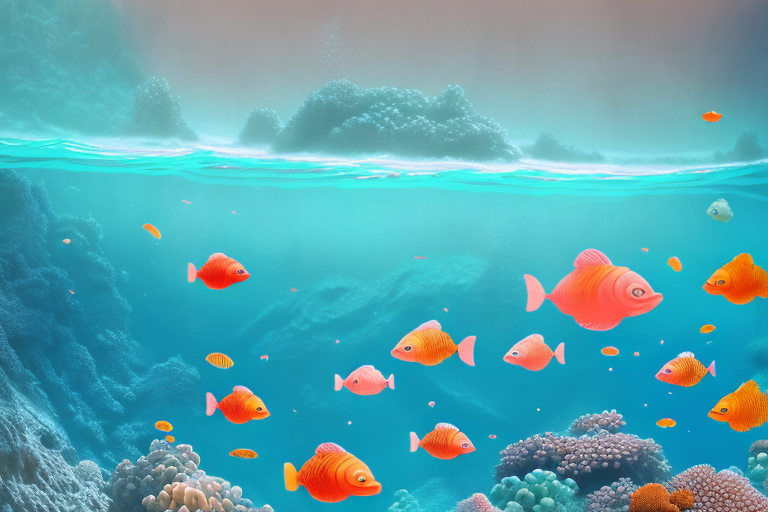 A dreamy underwater landscape with colorful coral and schools of fish