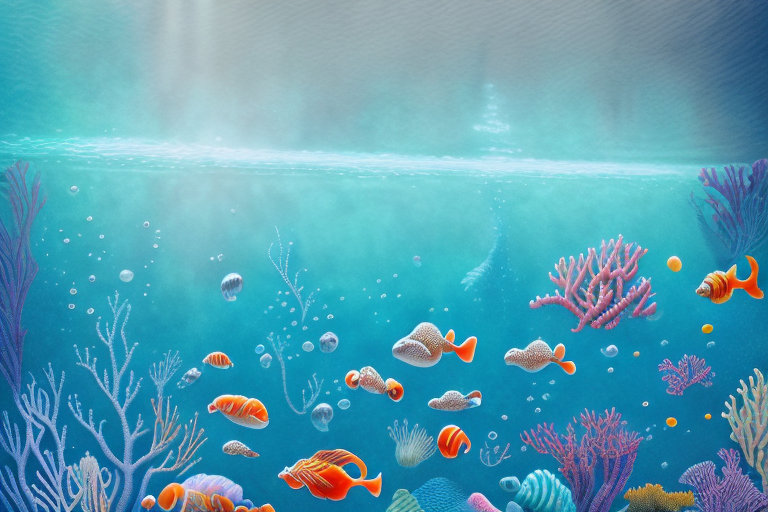 A dream-like underwater scene with a variety of colorful sea creatures