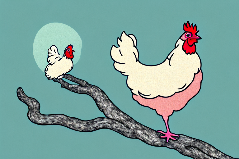 A dreamy-looking chicken perched on a branch