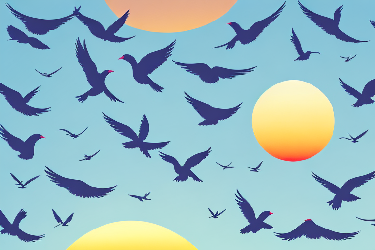 A flock of birds in flight against a backdrop of a sunrise or sunset