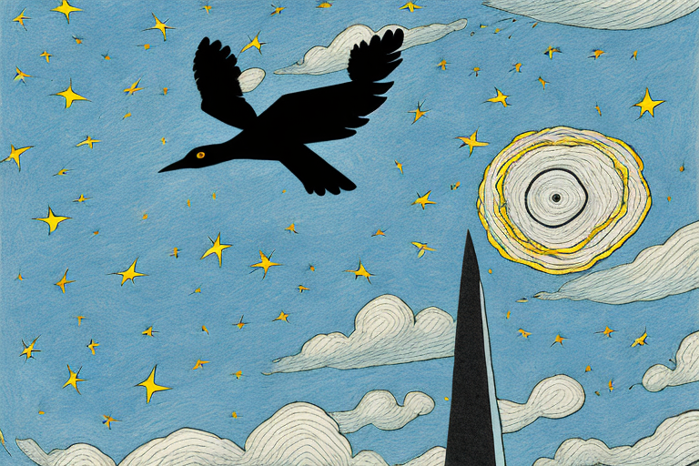 A black bird in flight against a starry night sky