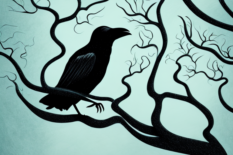 A black crow perched on a tree branch in a dream-like setting