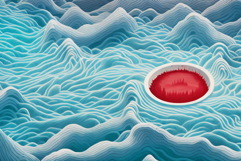A surreal landscape with a river of blood flowing through it