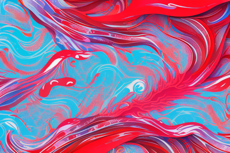 A dreamscape with a river of red liquid flowing through it