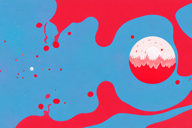 A dreamscape featuring a pool of red liquid with a moon in the background