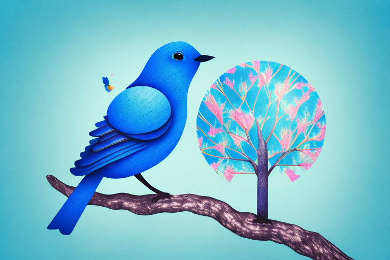 A blue bird perched in a tree with a dreamy