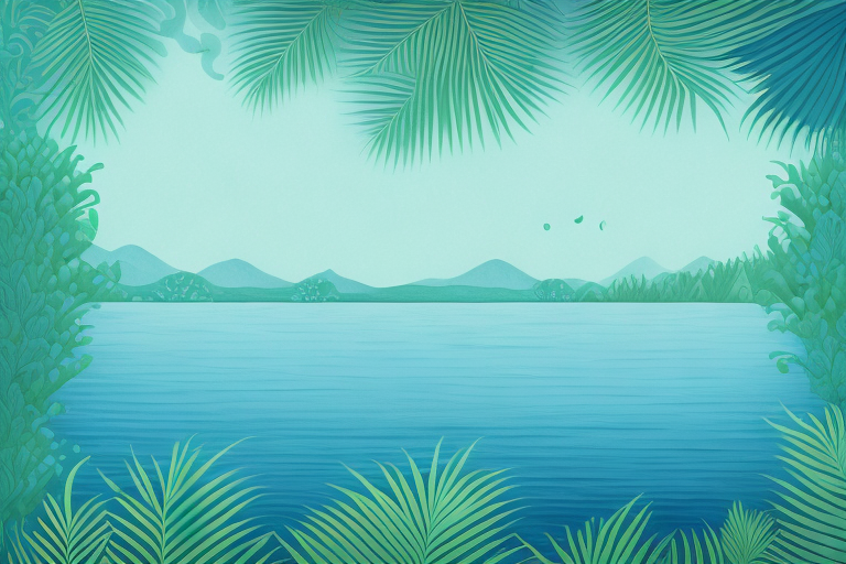 A tranquil blue body of water surrounded by lush vegetation