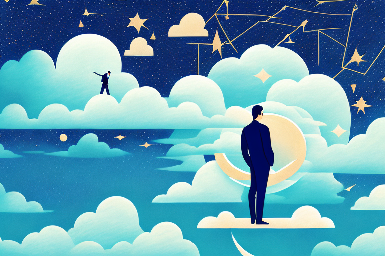 A dreamscape with a figure in the foreground