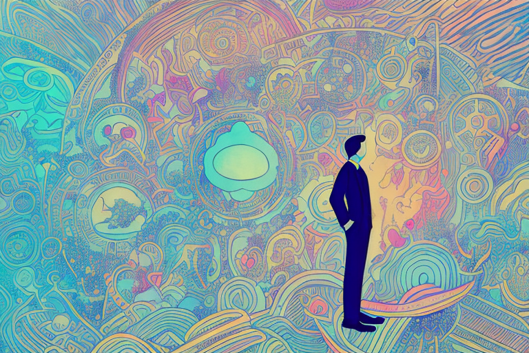 A dreamscape with a figure in the foreground