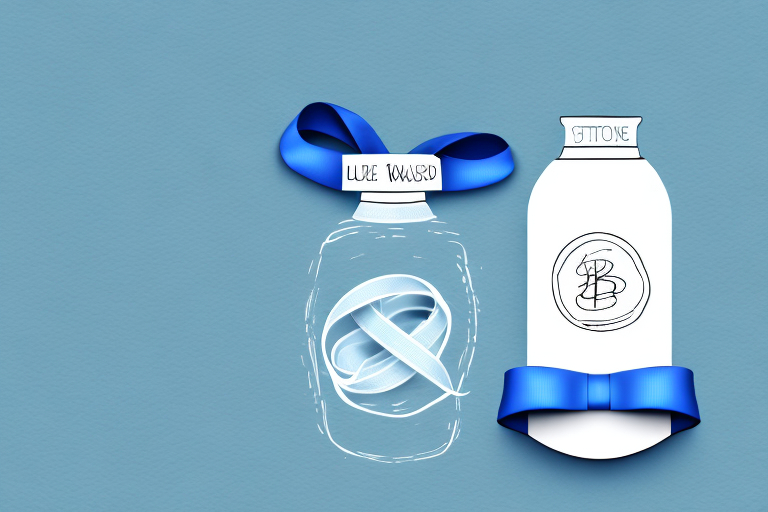A baby bottle with a blue ribbon tied around it