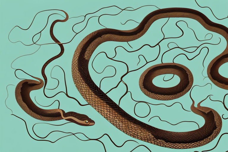 A brown snake coiled around a tree branch in a dream-like setting
