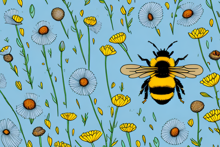 A bumblebee flying among a field of flowers