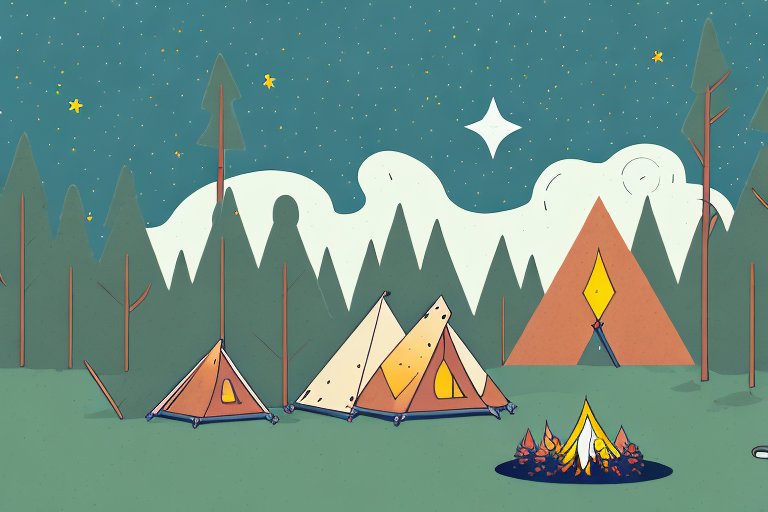 A campsite in the woods with a campfire