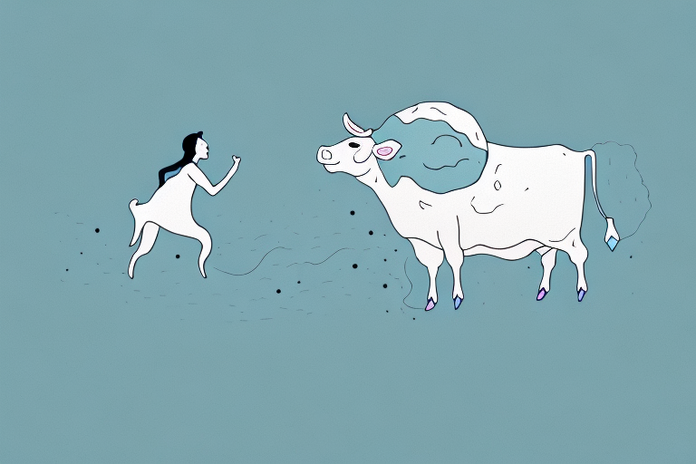 A cow chasing a person through a dream-like landscape