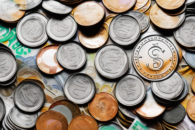 A pile of coins and banknotes