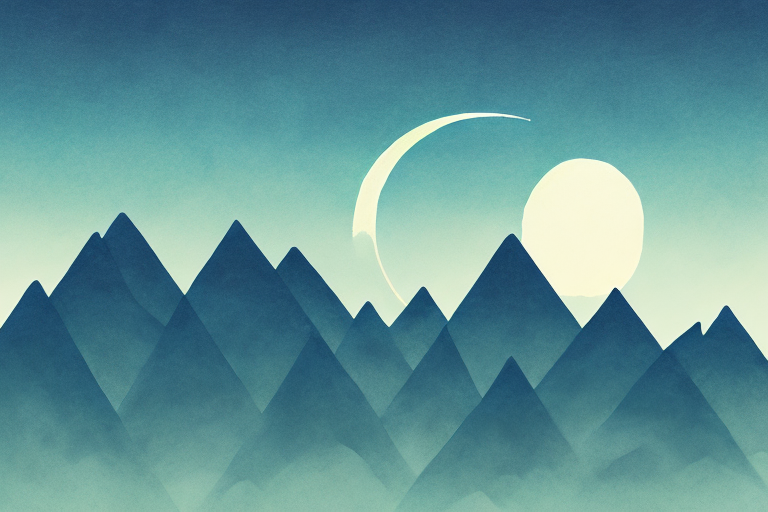 A dreamy landscape featuring a majestic mountain range with a crescent moon in the night sky