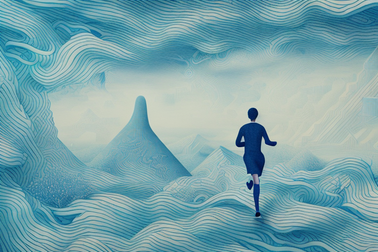 A person running through a surreal landscape