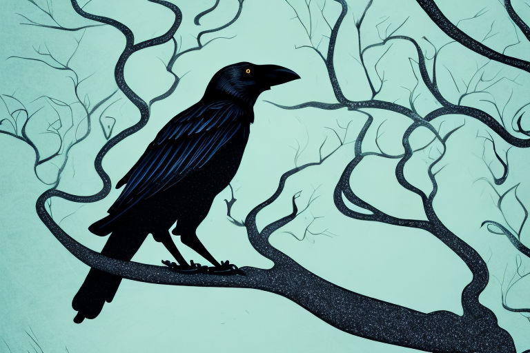 A crow perched on a branch in a dream-like setting
