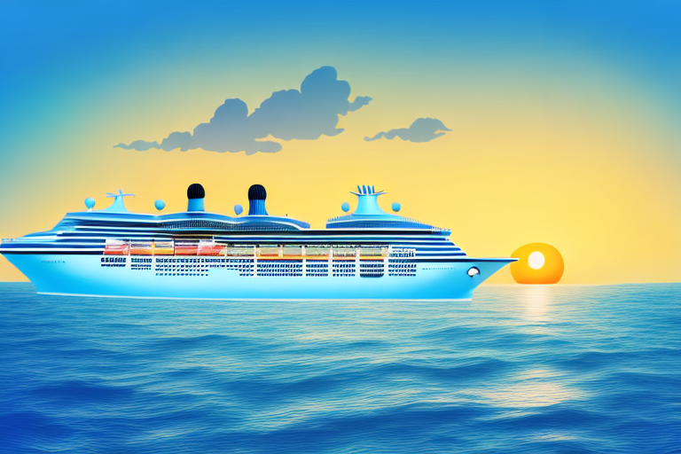 A cruise ship sailing on a calm ocean with a beautiful sunset in the background