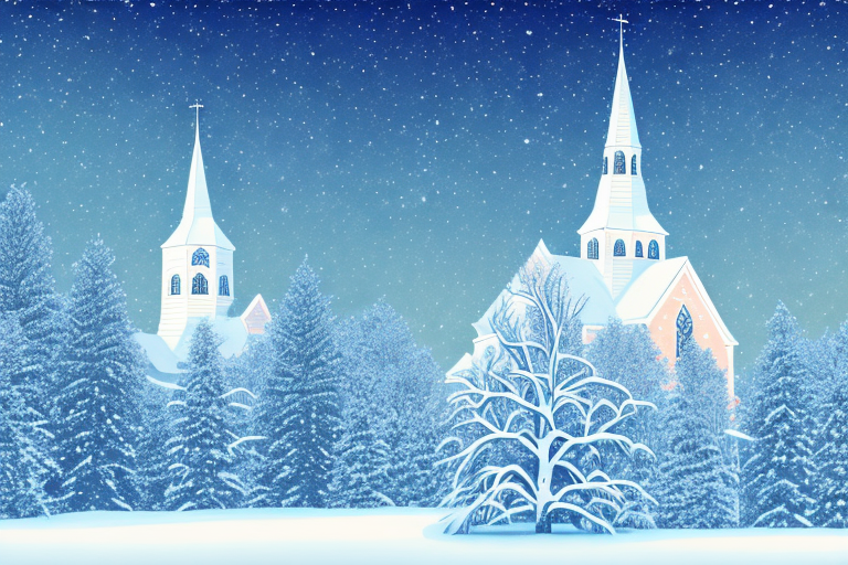 A festive winter landscape with snow-covered trees