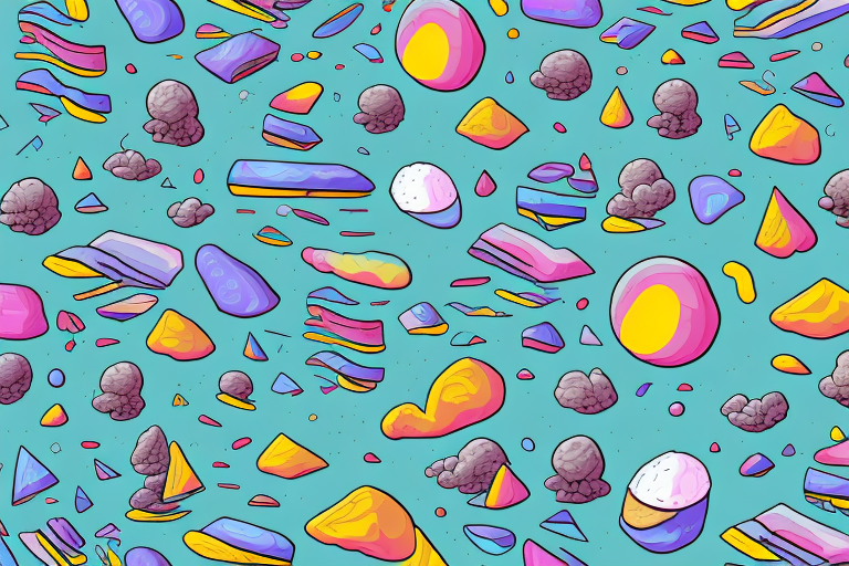 A dream-like landscape featuring a pile of colorful