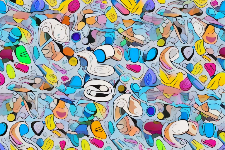 A toilet overflowing with colorful shapes representing different types of poop
