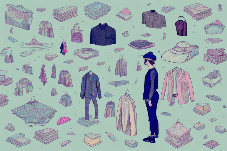 A person in a dreamlike environment surrounded by a variety of clothing items
