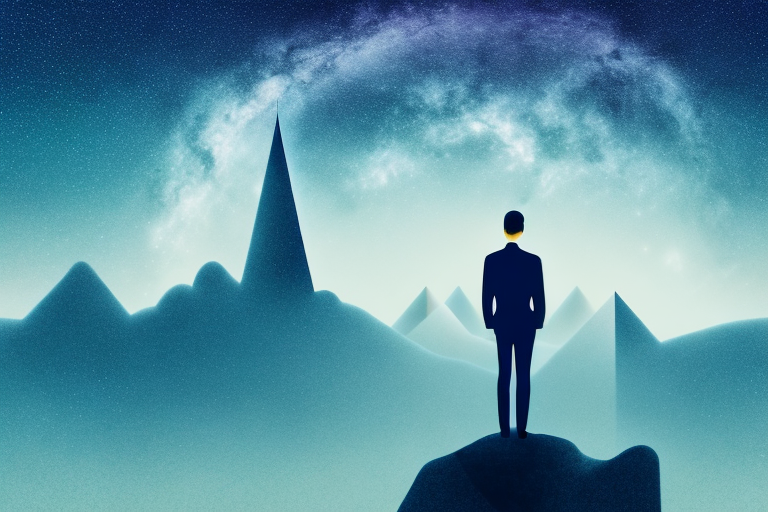 A person standing in a dream-like landscape