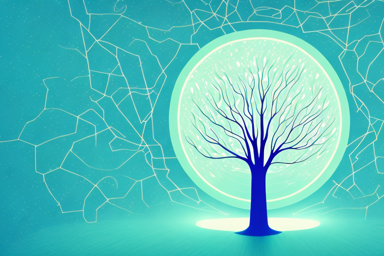 A dreamscape with a path leading to a tree with a bright light shining from its branches