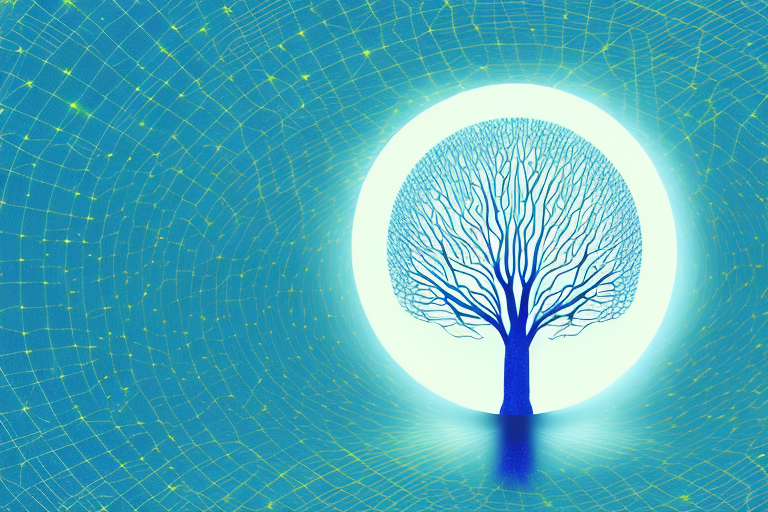 A dreamscape with a path leading to a tree with a glowing light at its center