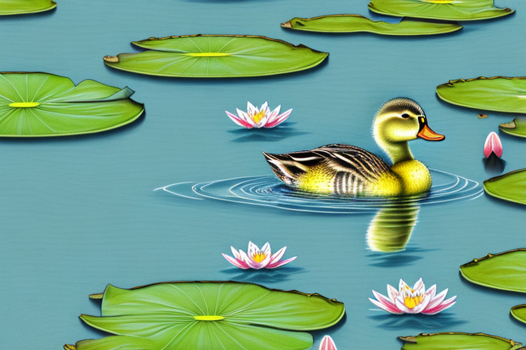 A duckling swimming in a pond surrounded by lily pads and other aquatic plants