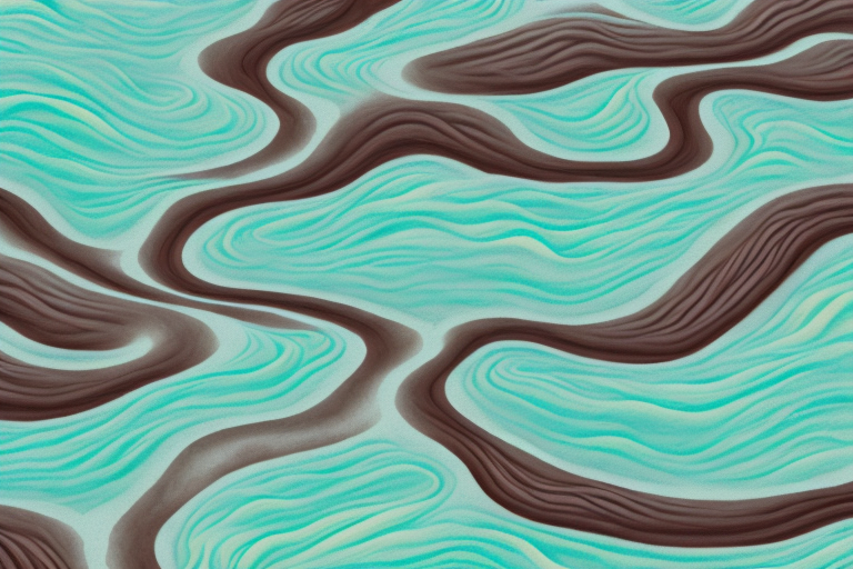 A dreamy landscape with a chocolate river flowing through it