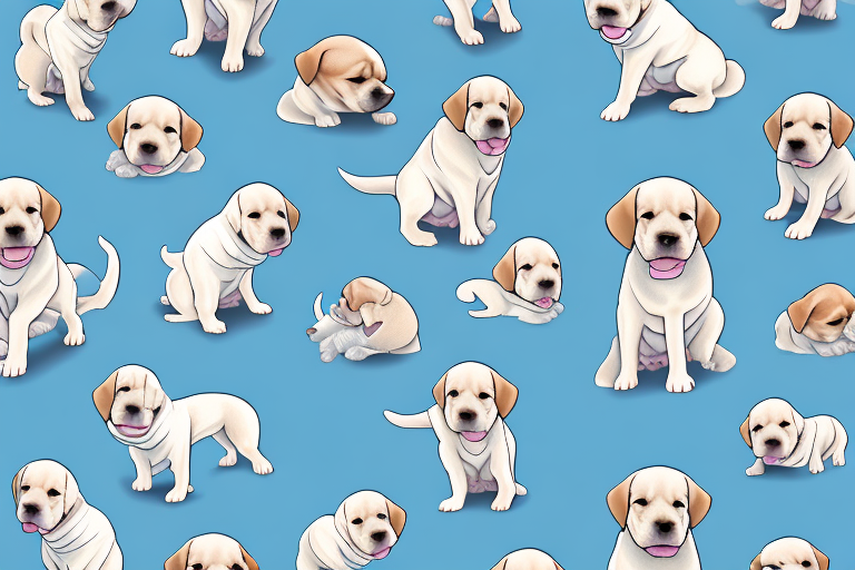 A dog surrounded by a litter of puppies