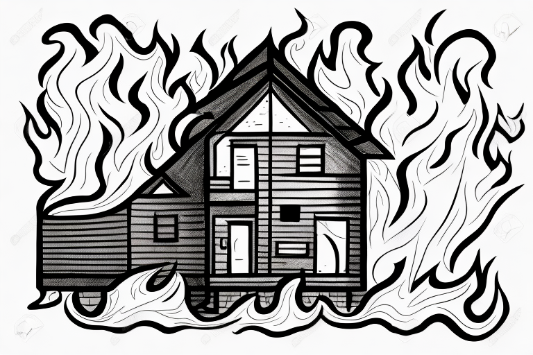 A burning house with flames and smoke