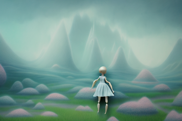 A dream-like landscape with a doll in the foreground