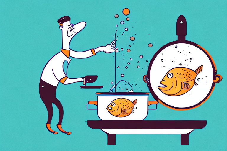 A fish frying in a pan over a stove