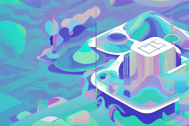 A surreal landscape filled with abstract shapes and colors