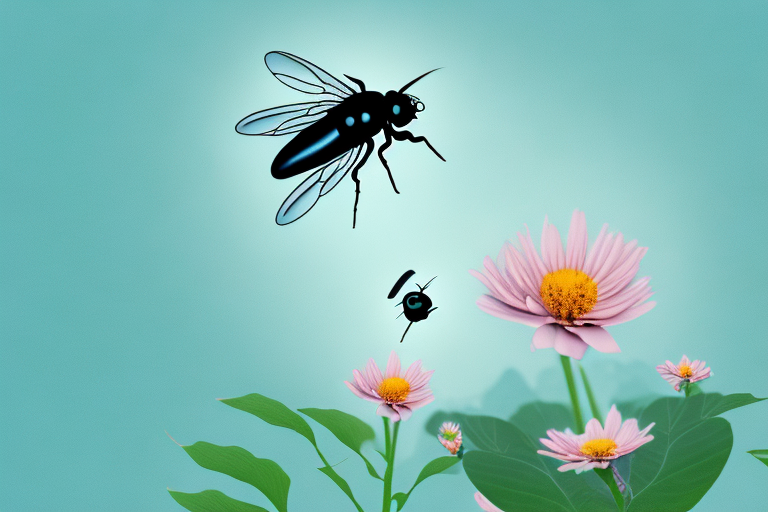 A dreamy landscape with a fly taking off from a flower