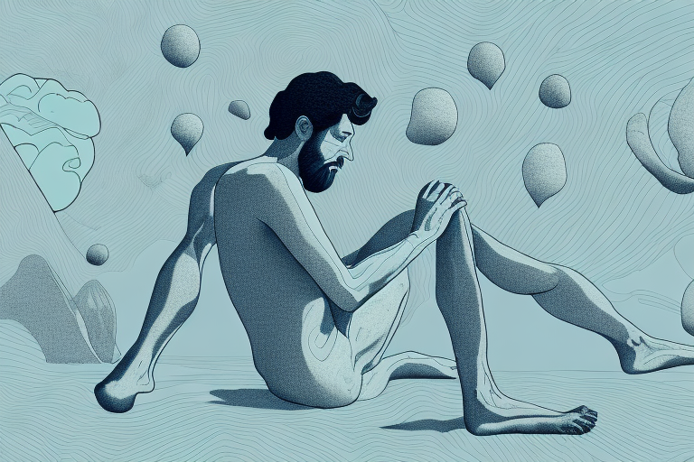A dreamscape with a pair of hairy legs in the foreground